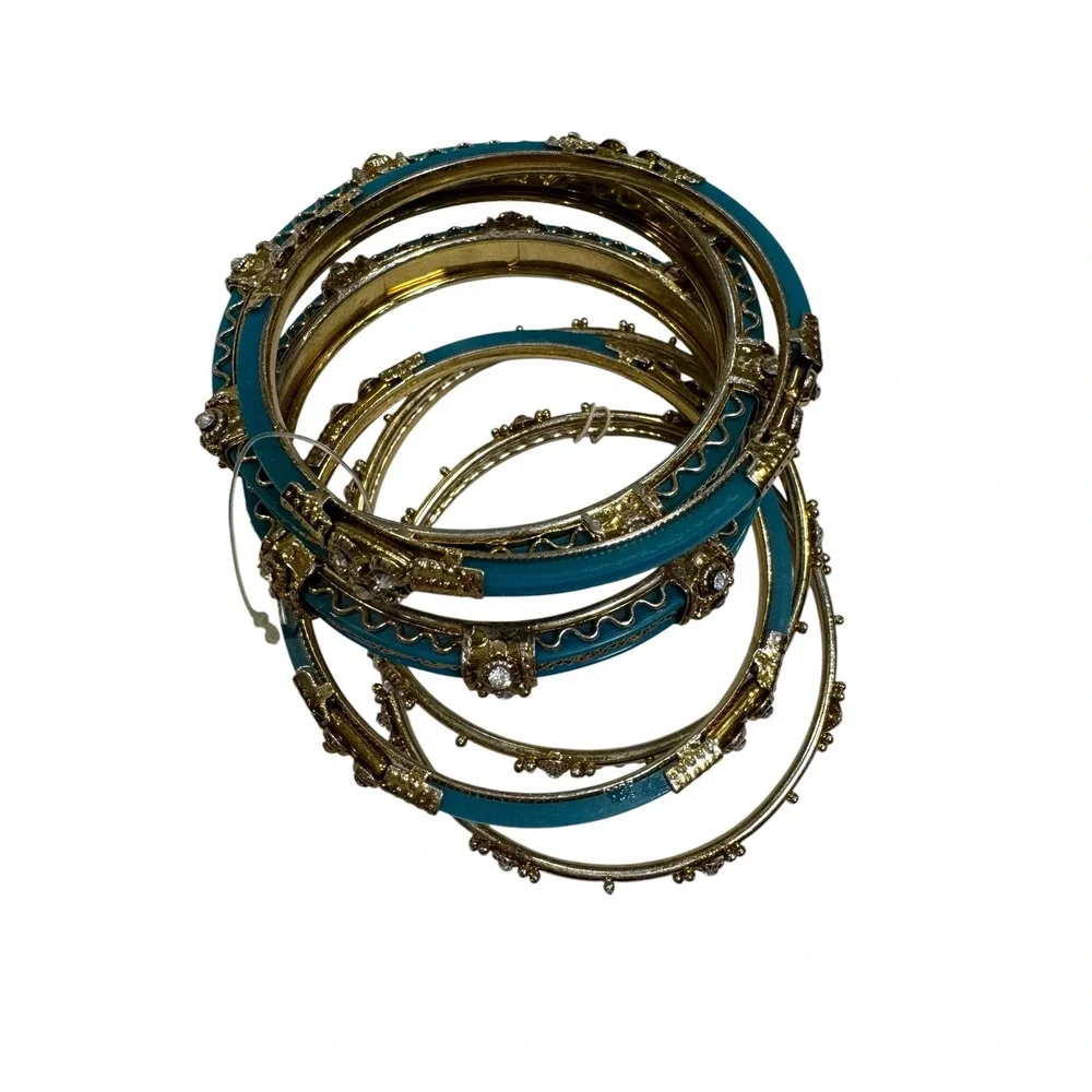 New York & Company Teal Gold Bangle Bracelet Set Crystal Accents India Set of 8